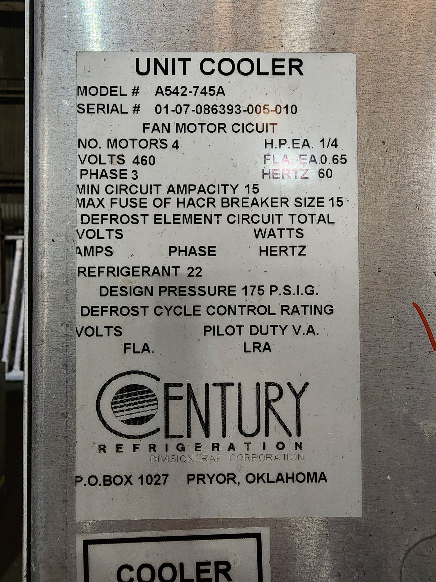 Used Century evaporator unit, 460v - Model: A542-745A