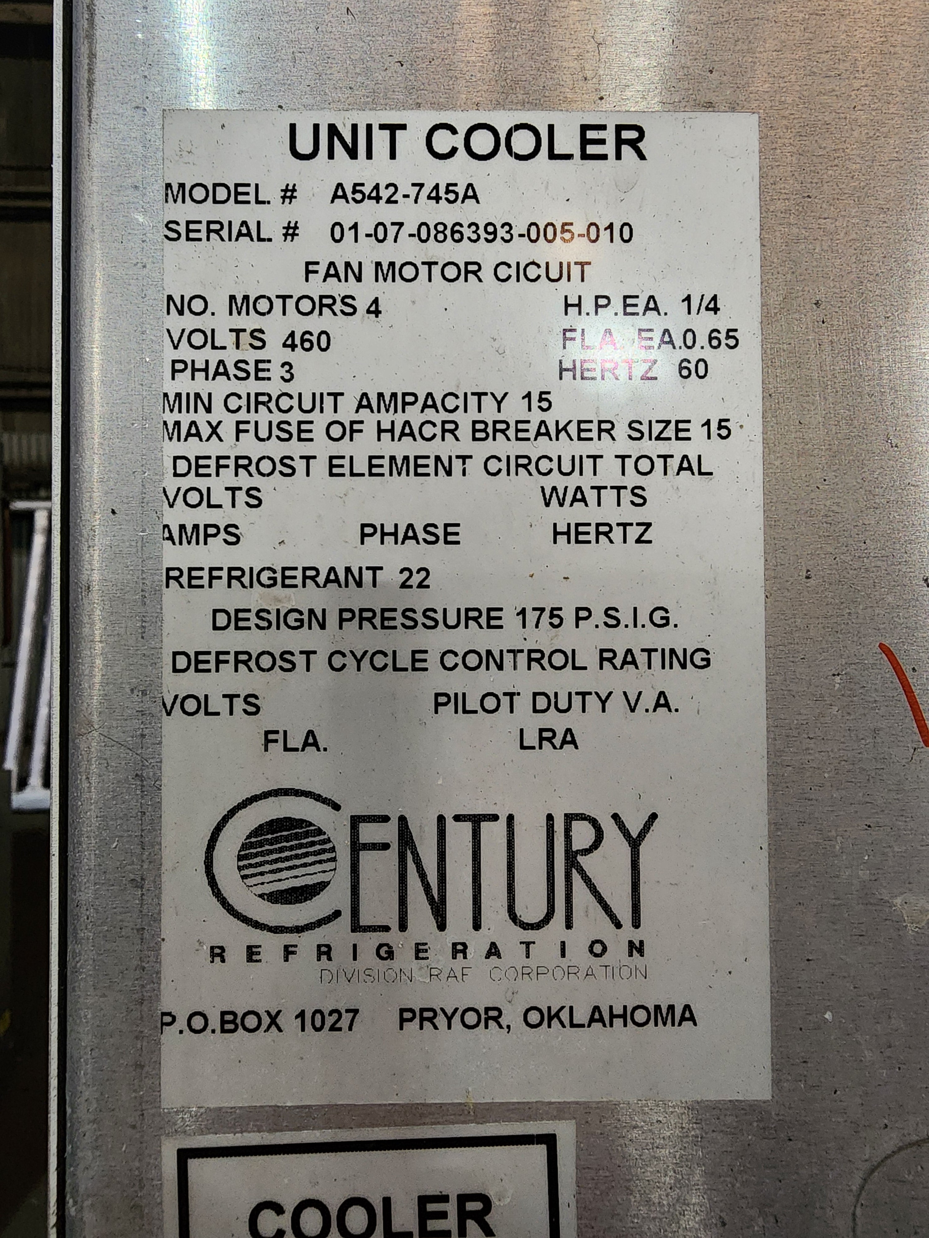 Used Century evaporator unit, 460v - Model: A542-745A