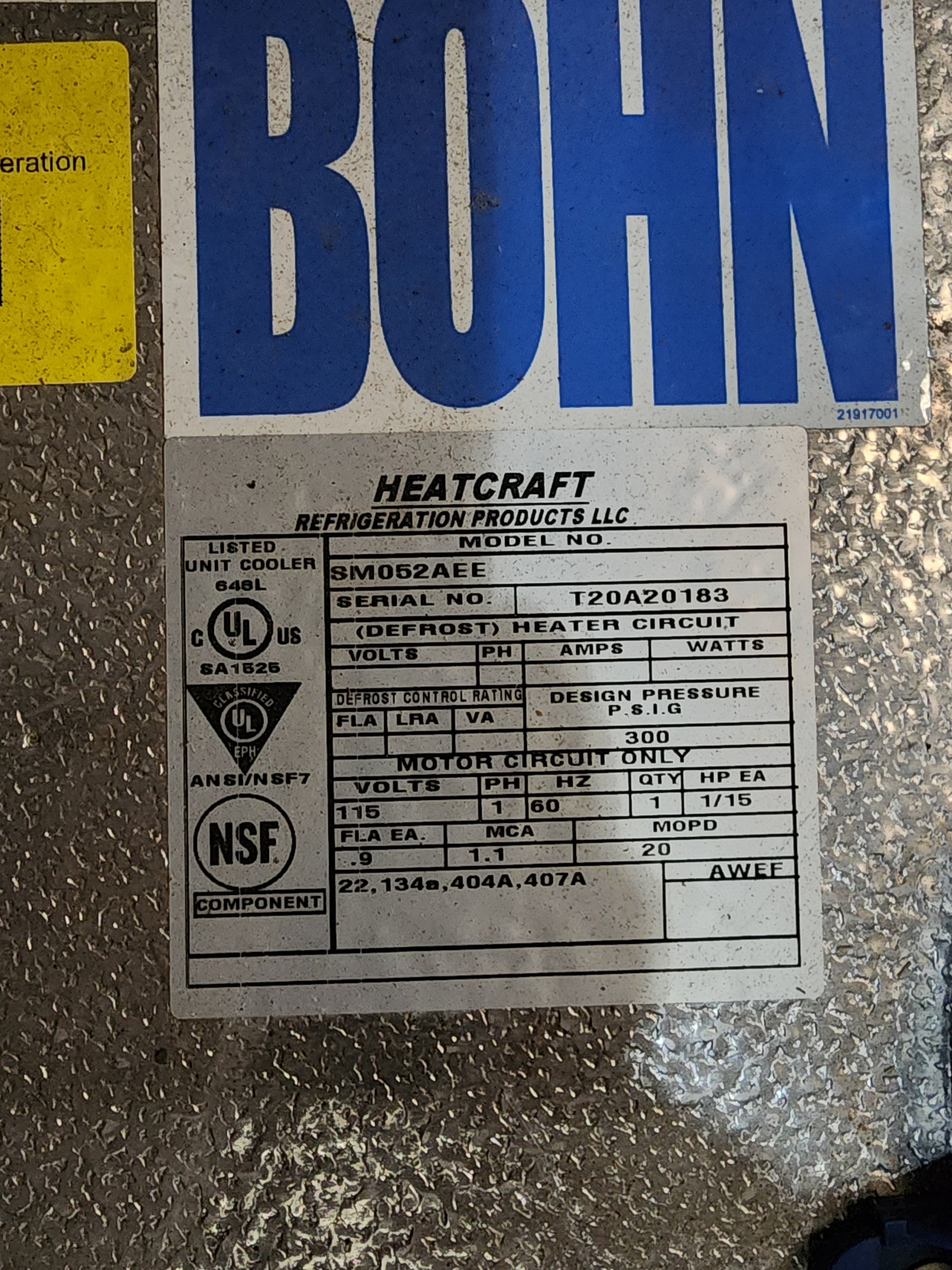 Bohn/Heatcraft center mount unit coolers Model: SM052AEE