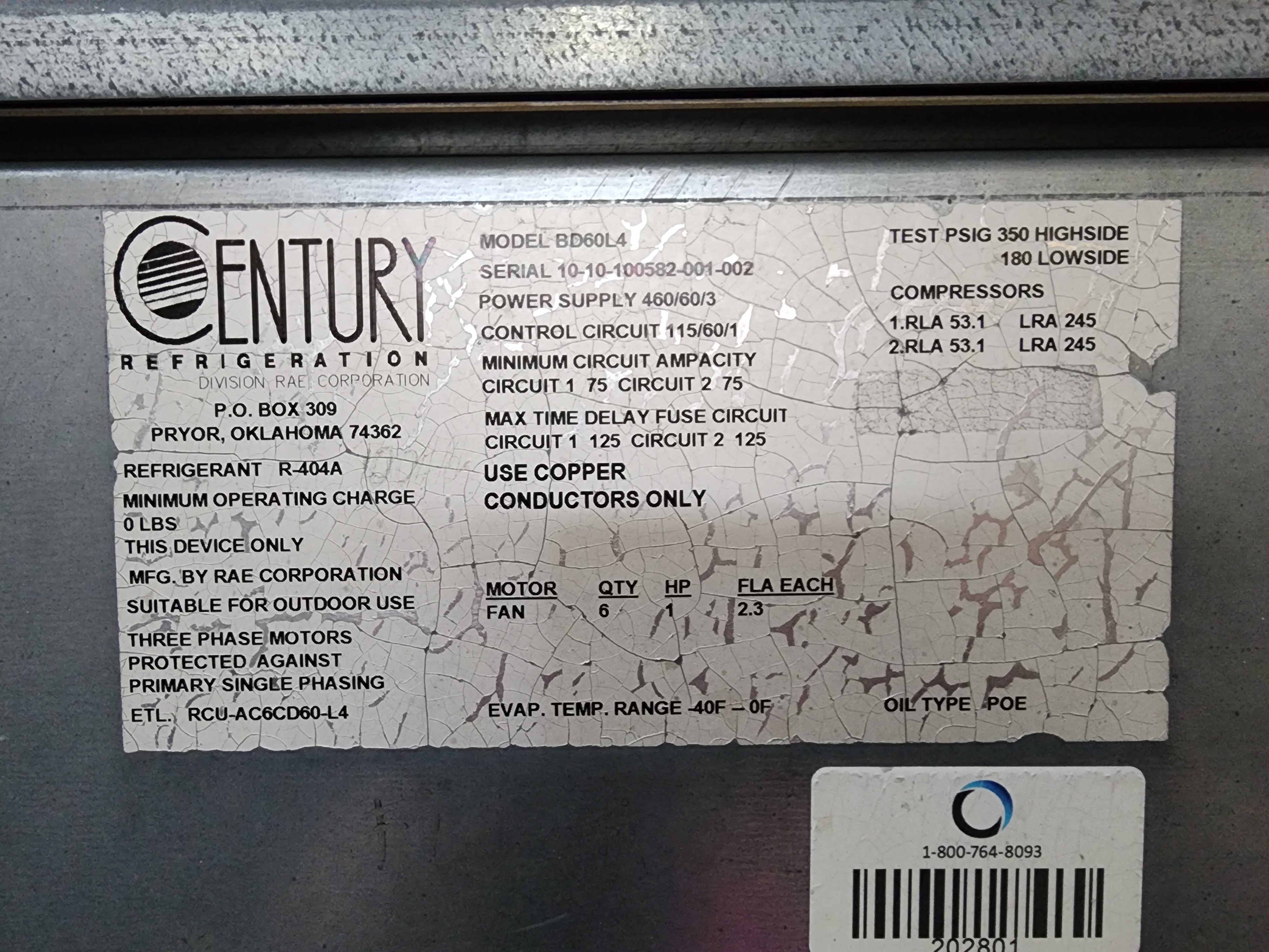 Used Century condensing unit - 60HP low temp - BD60L4