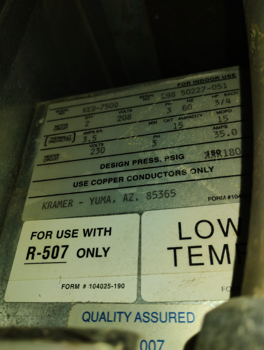 Used Kramer KED-750D 75,000 BTU Electric Defrost Freezer Evaporator Blower