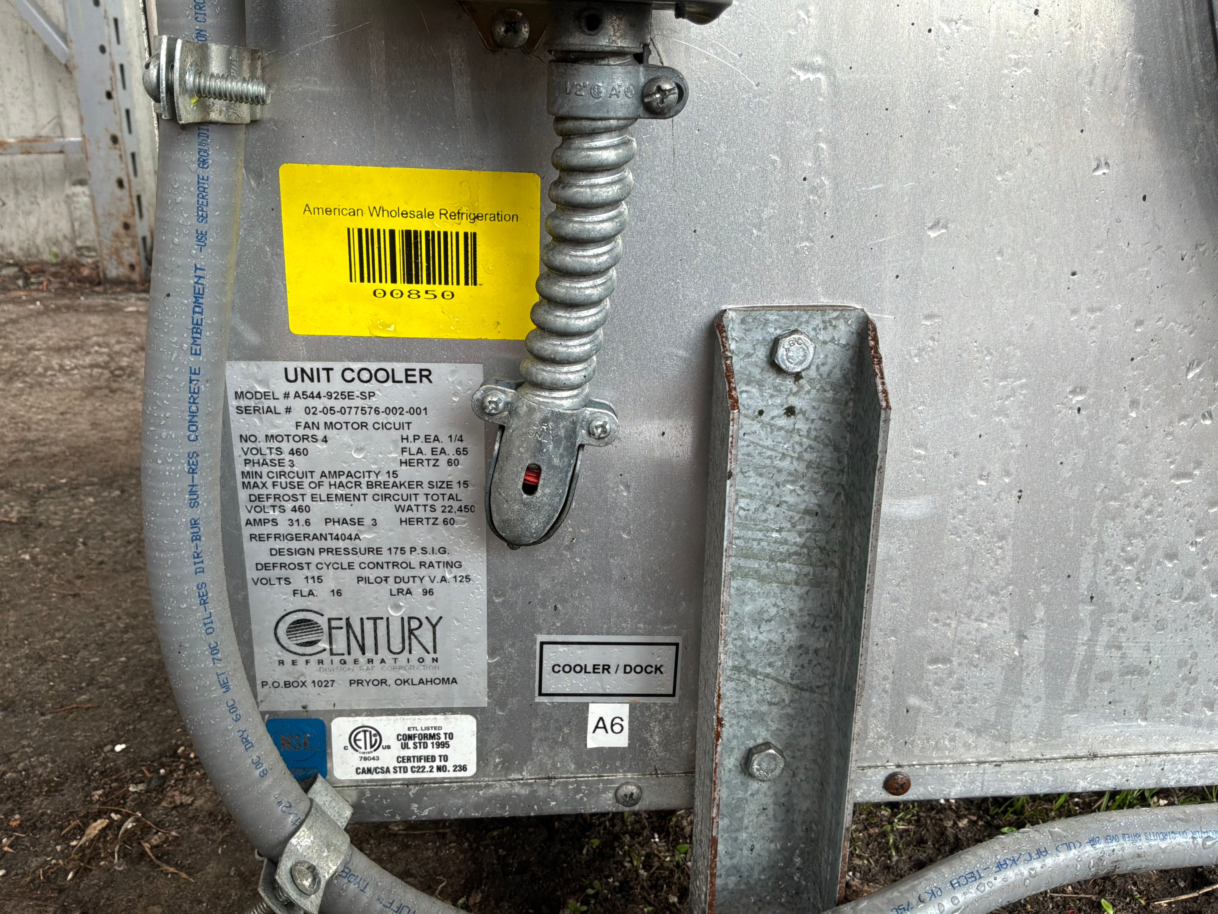 Used Century A544-925E-SP 92,500 BTU Electric Defrost Evaporator Blower 460/3 Ph #850
