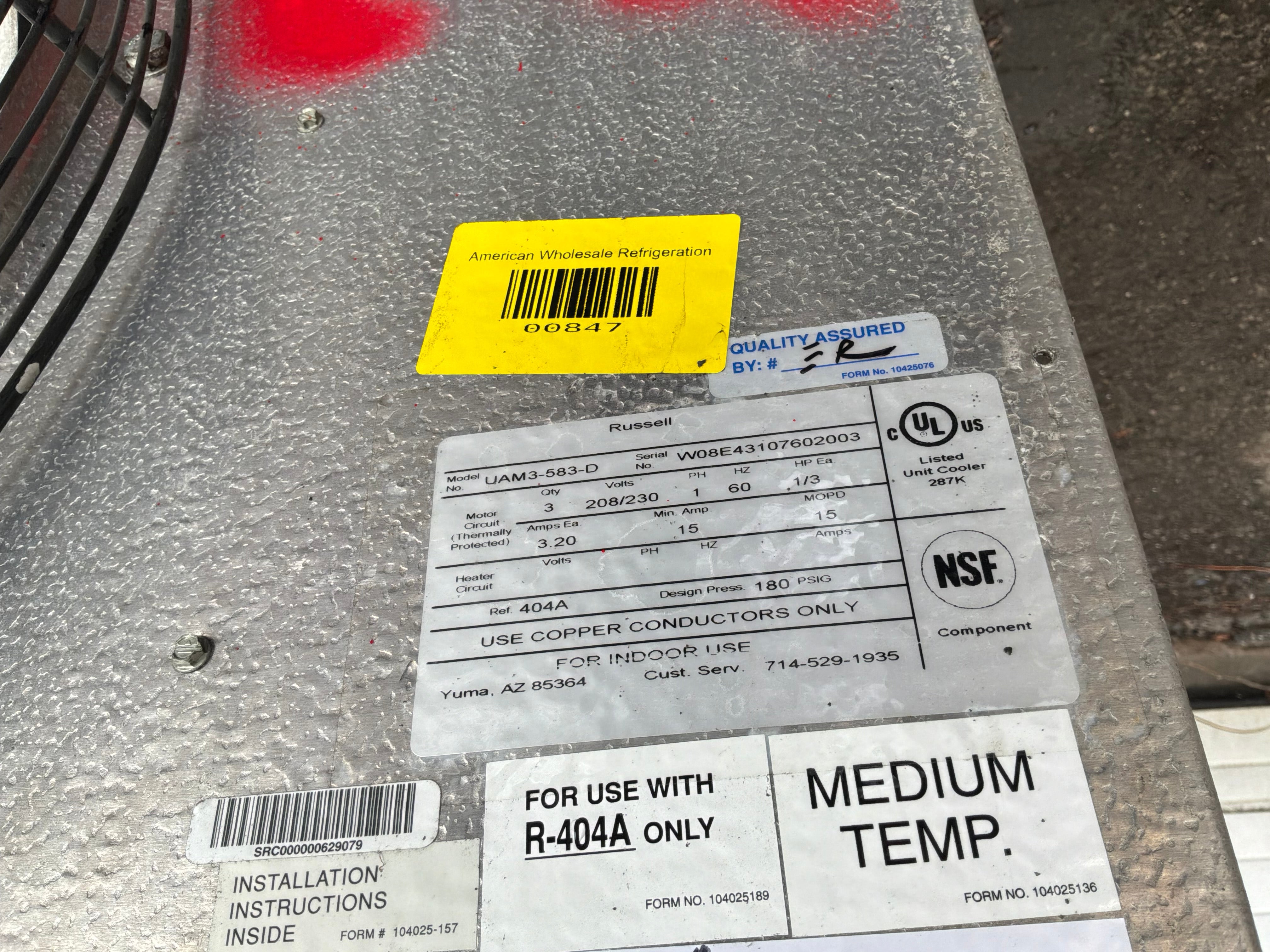 Used Russell UAM3-583 58,300 BTU Air Defrost Evaporator 230/1 Ph #847