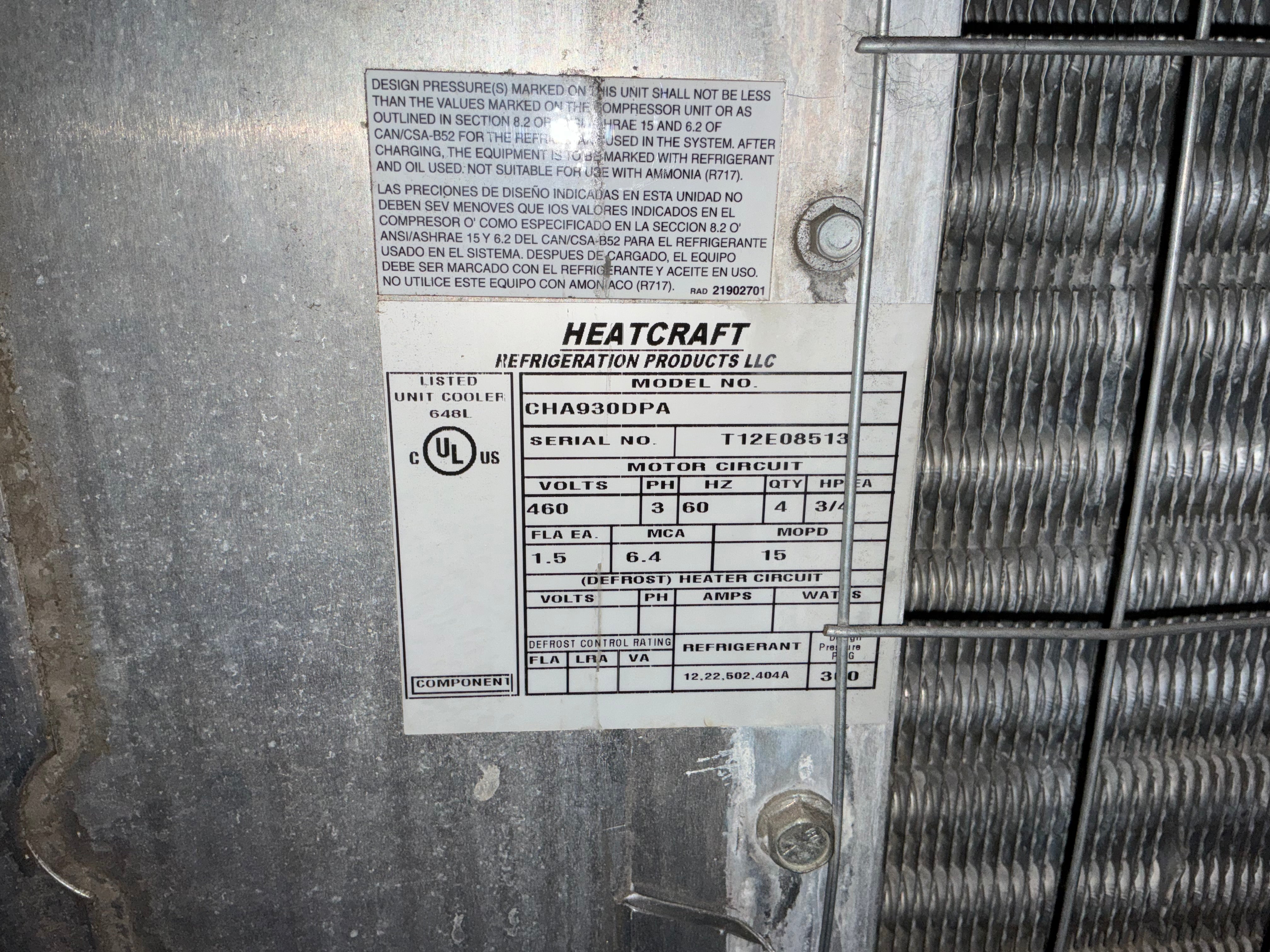 HEATCRAFT CHA930DPA 93000 BTU Evaporator unit #889