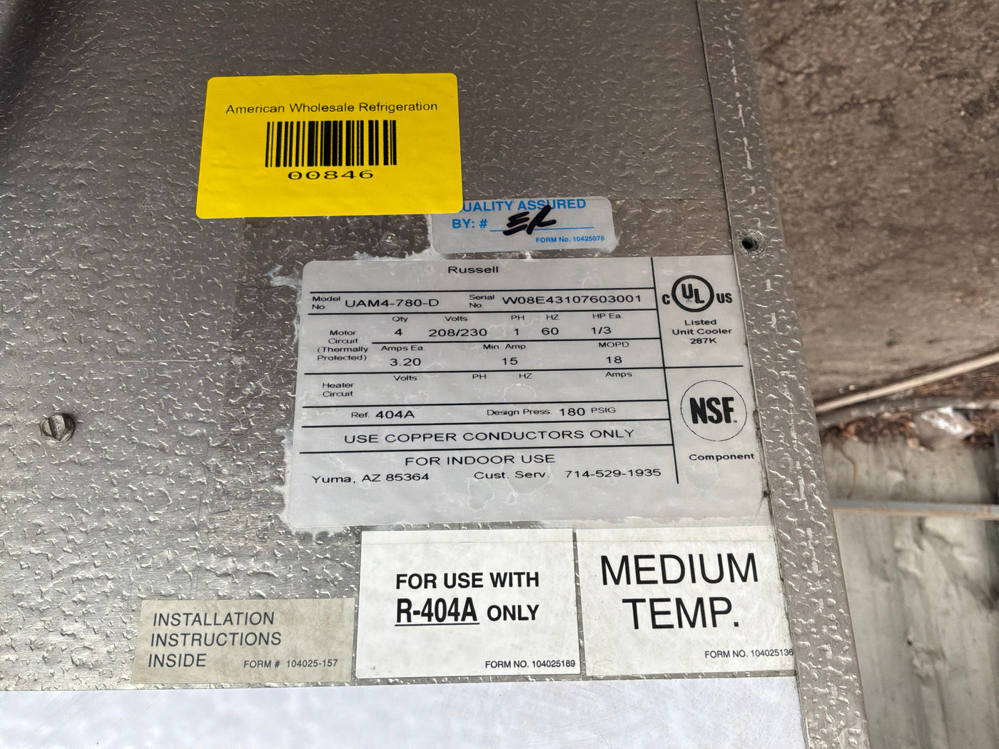 RUSSELL UAM4-780-D 78000 BTU EVAPORATOR #846