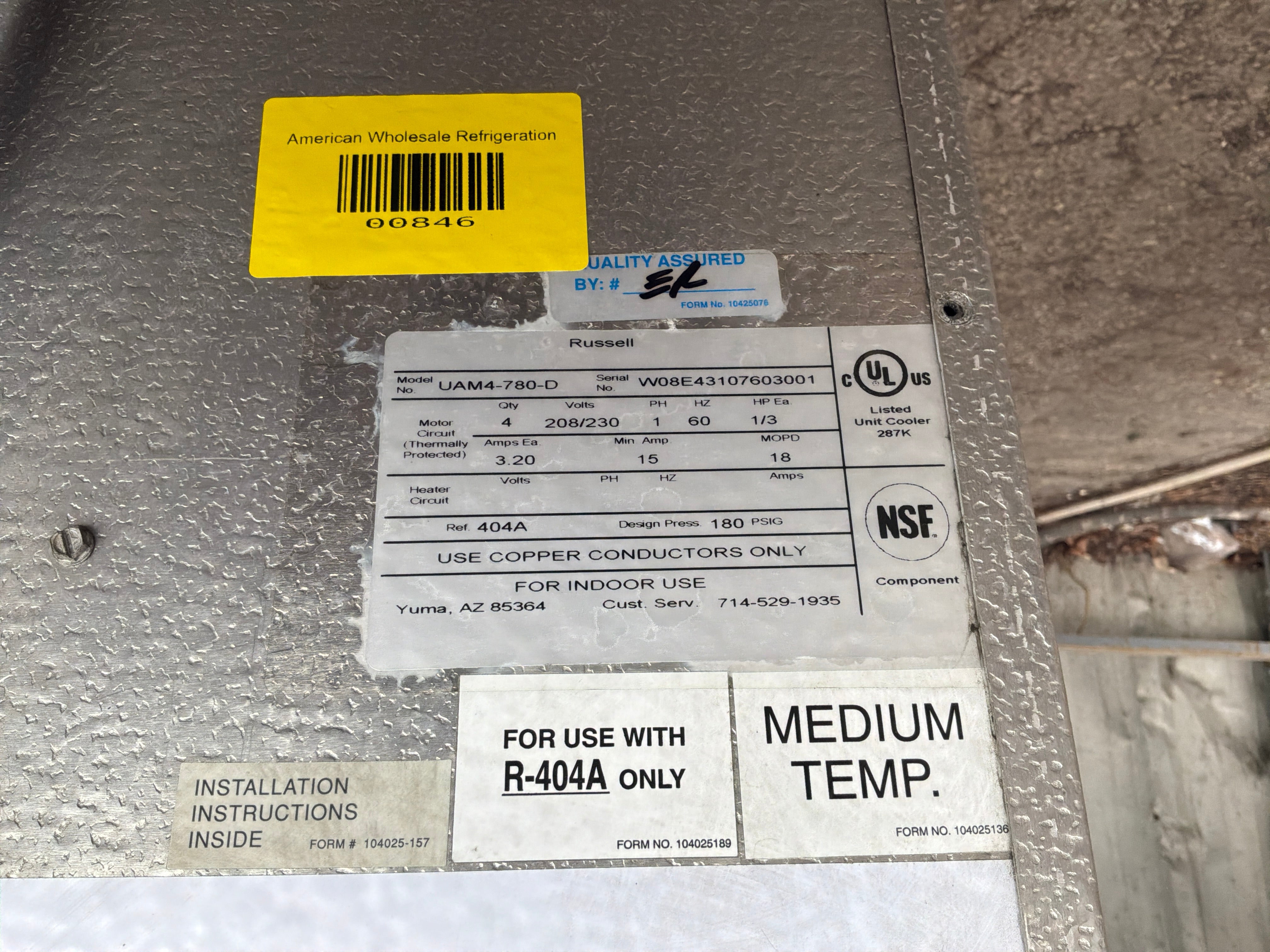RUSSELL UAM4-780-D 78000 BTU EVAPORATOR #846
