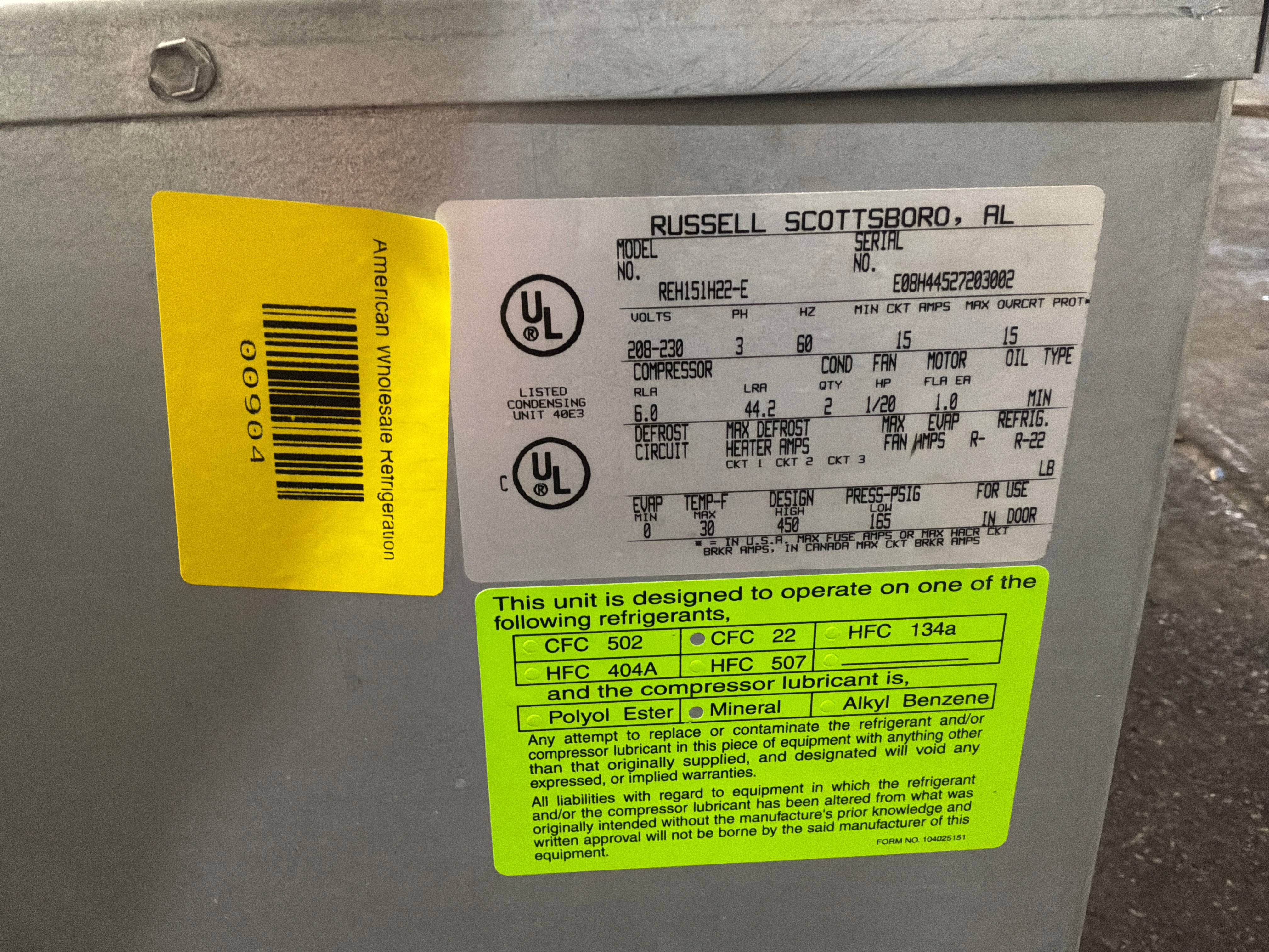 RUSSELL REH151H22-E 1.5HP CONDENSER #904