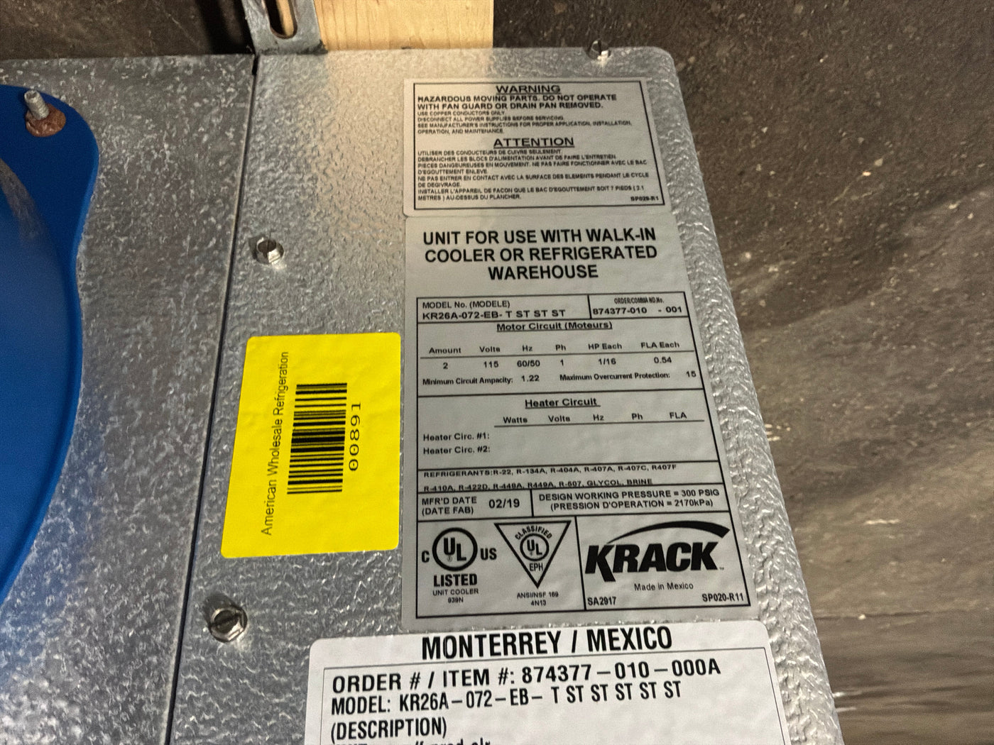 KRACK KR26A-072-EB 7200 BTU EVAPORATOR #891