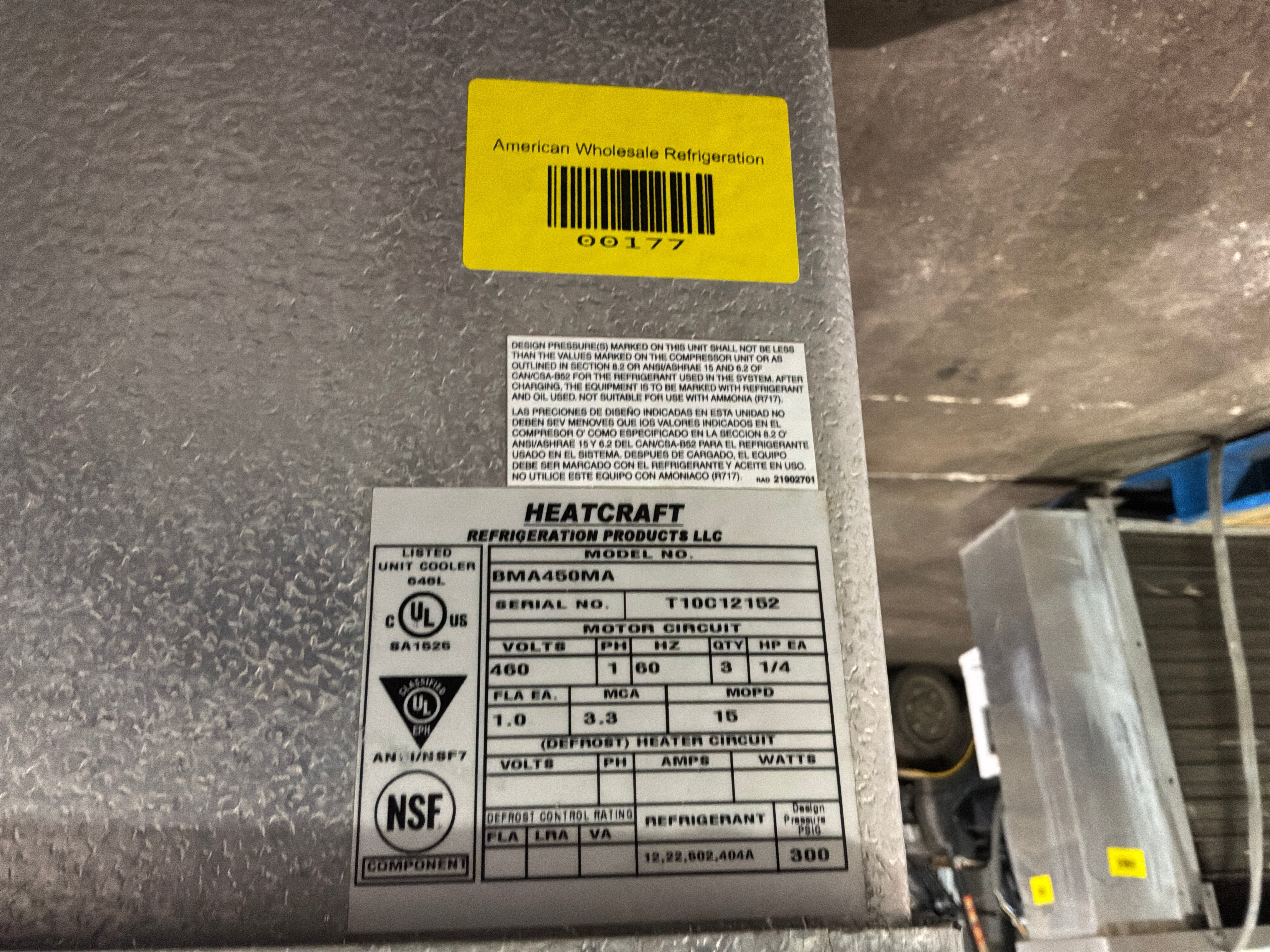 BOHN BMA450MA 45000 BTU EVAPORATOR #177 + #196
