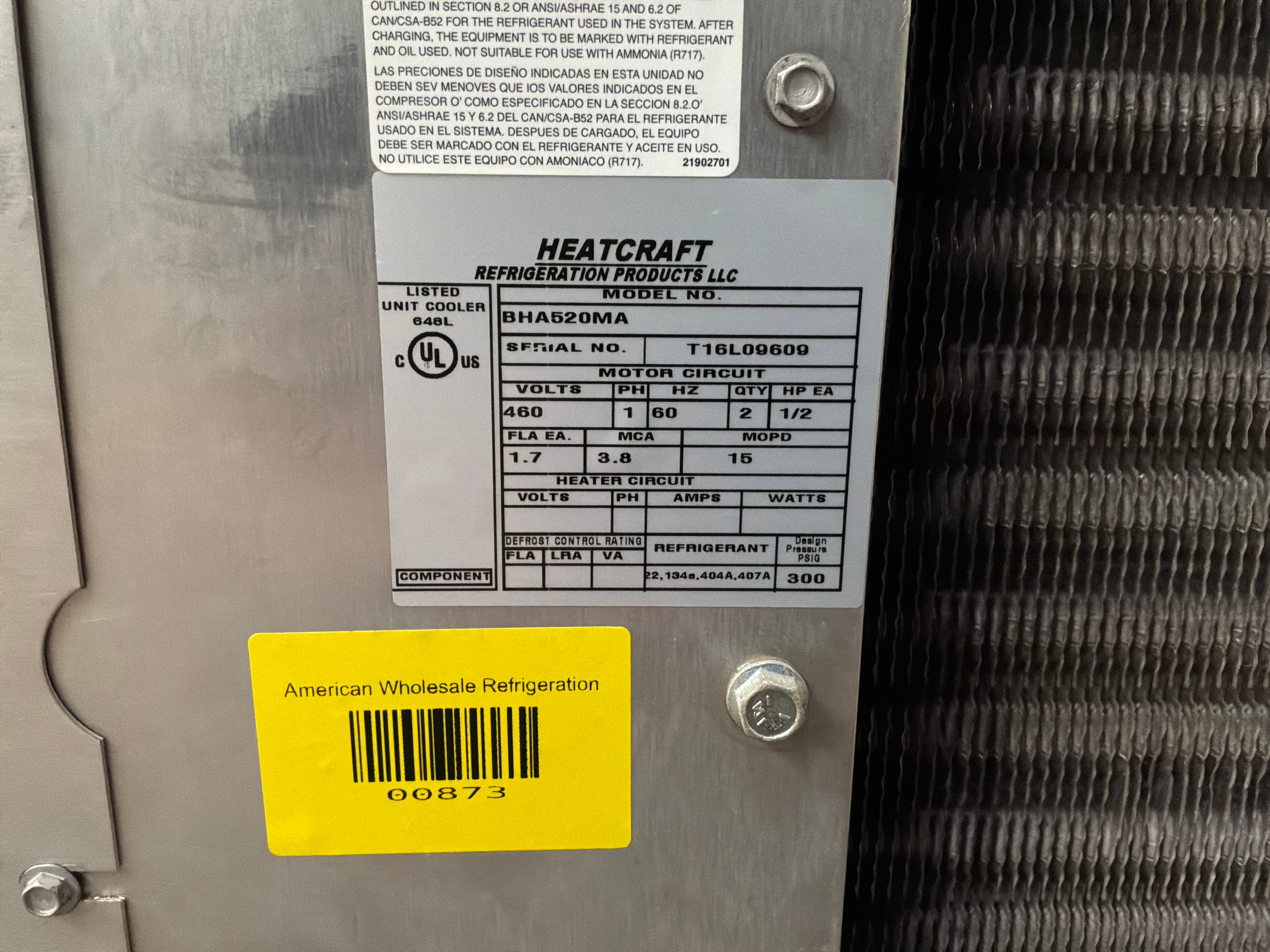 BOHN BHA520MA 52000 BTU Evaporator unit #873