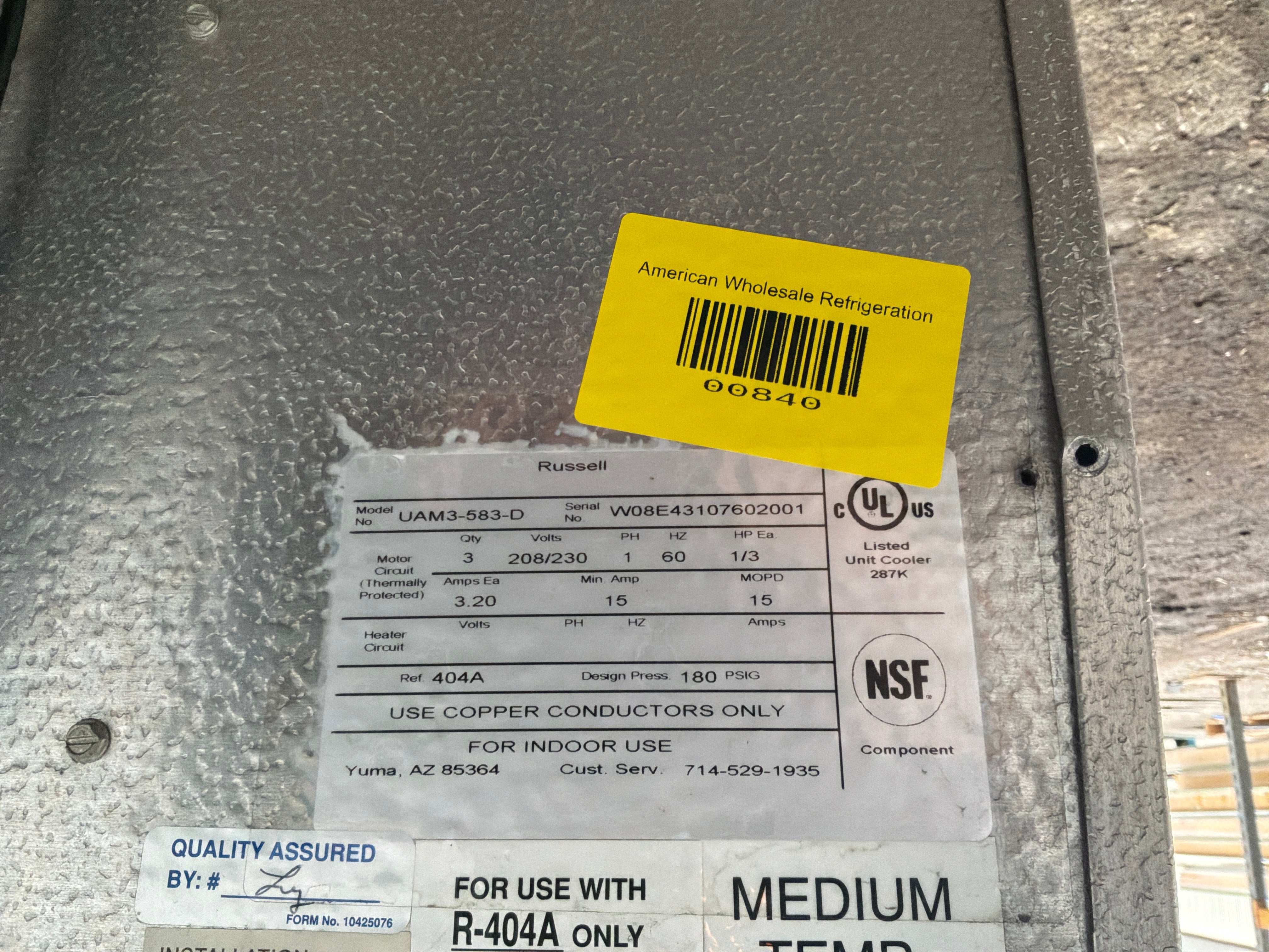 RUSSELL UAM3-583-D 58300 BTU EVAPORATOR #840