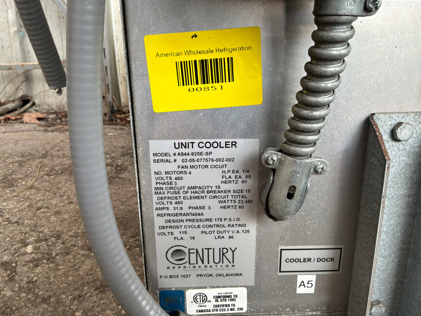 Used Century A544-925E-SP 92,500 BTU Electric Defrost Evaporator Blower 460/3 Ph #851