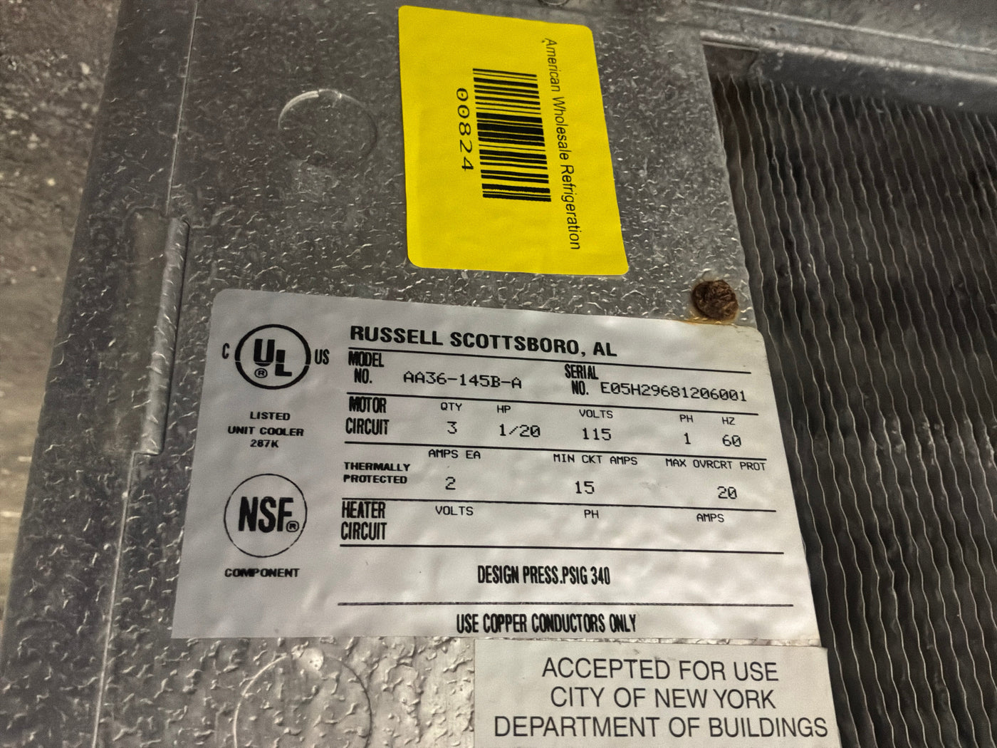 RUSSELL AA36-145B-A 14500 BTU EVAPORATOR #824