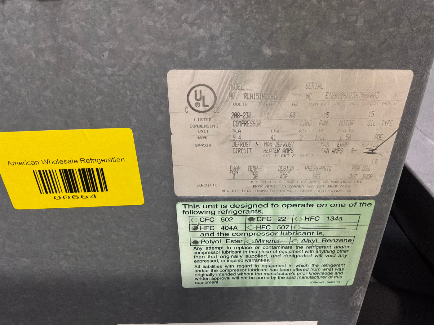 RUSSELL RLH151H22 1.5HP CONDENSER #664