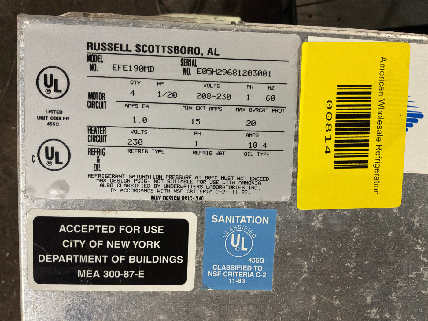 RUSSELL EFE190MD 19000 BTU EVAPORATORS #814 + #815