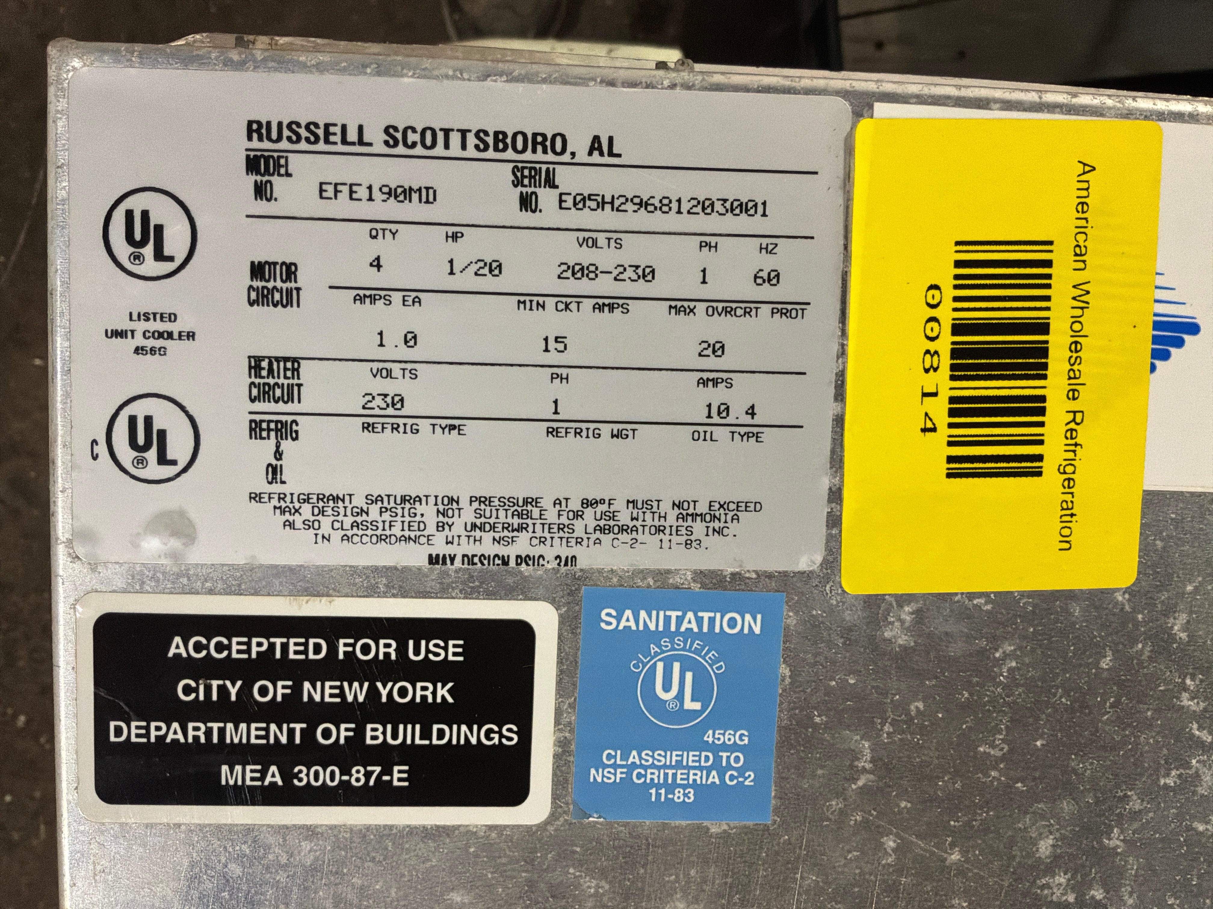 RUSSELL EFE190MD 19000 BTU EVAPORATORS #814 + #815