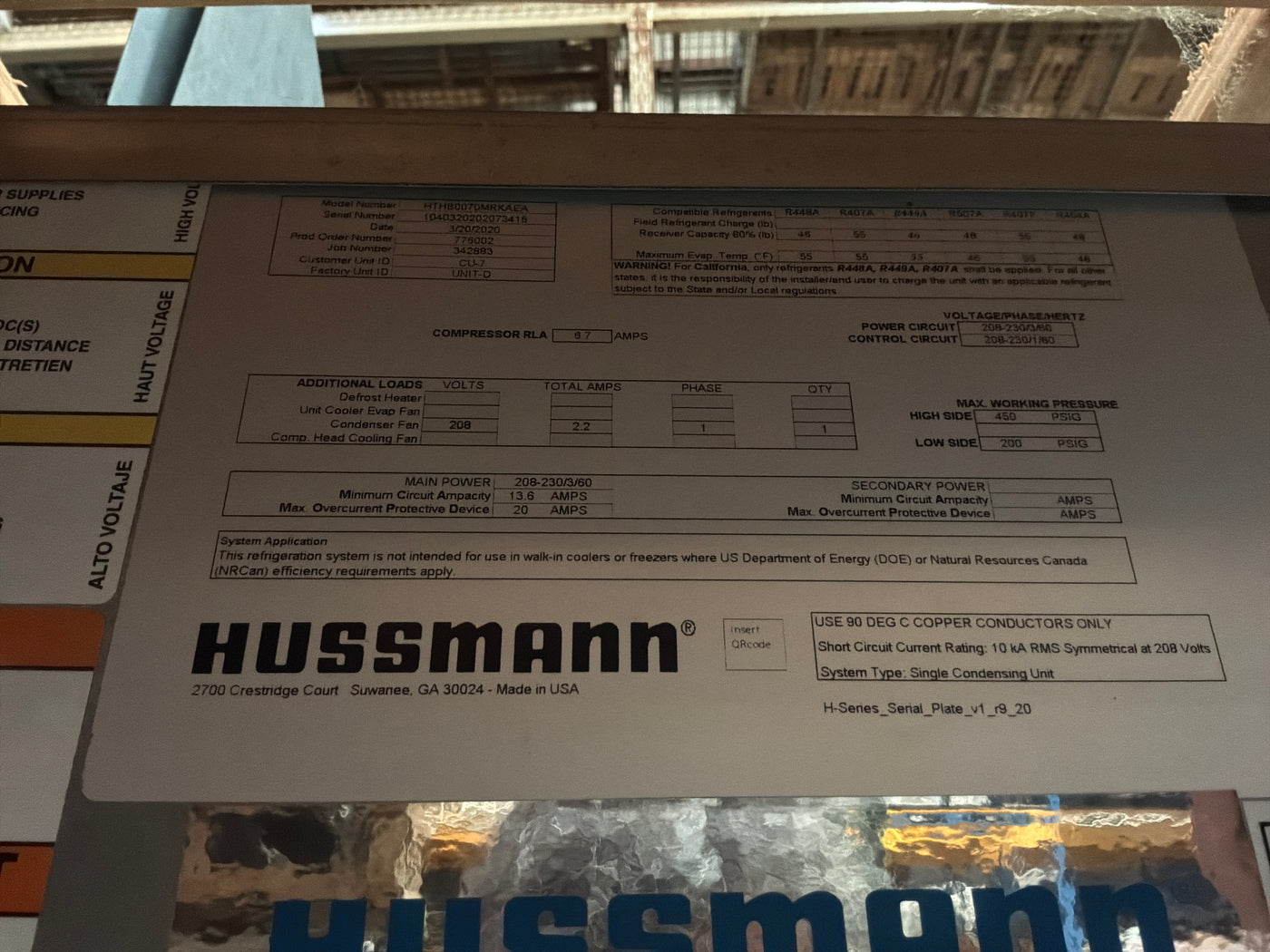 Hussmann HTHB0070MRKAEA 7.5 HP CONDENSER #273
