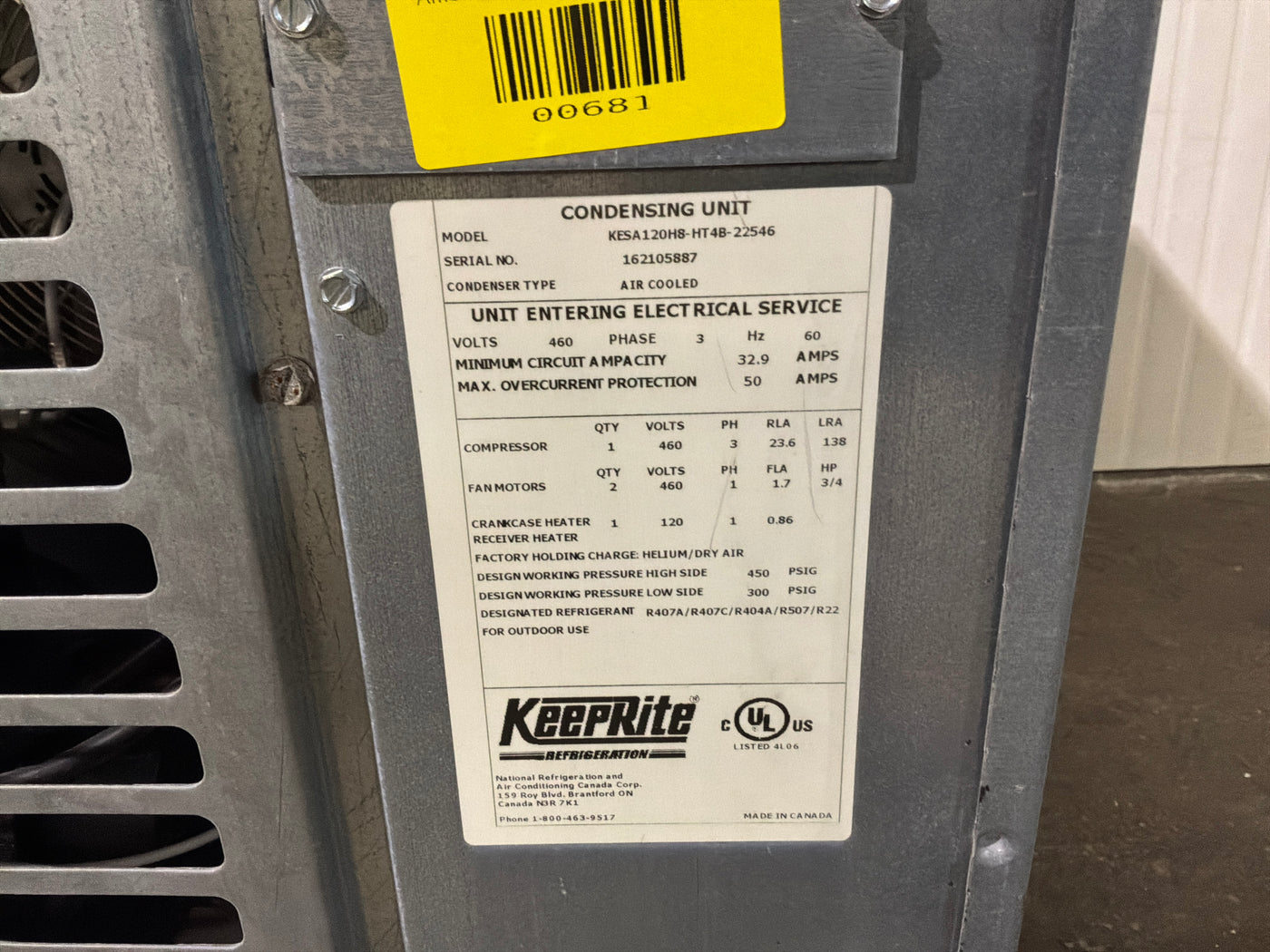 KEEPRITE KESA120H8-HT4B-22546 12HP CONDENSER #681