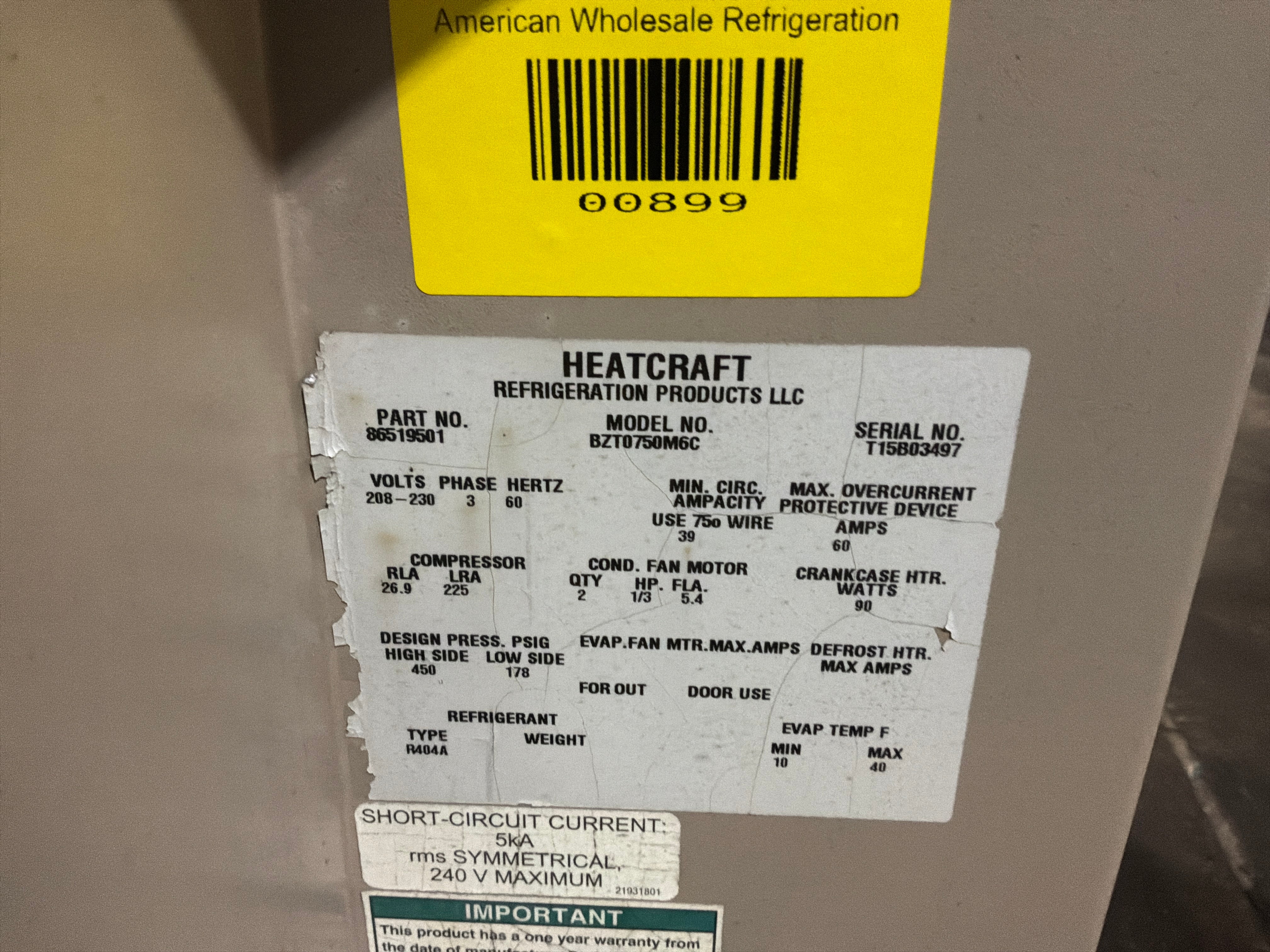 HEATCRAFT BZT0750M6C 7.5HP CONDENSER #899