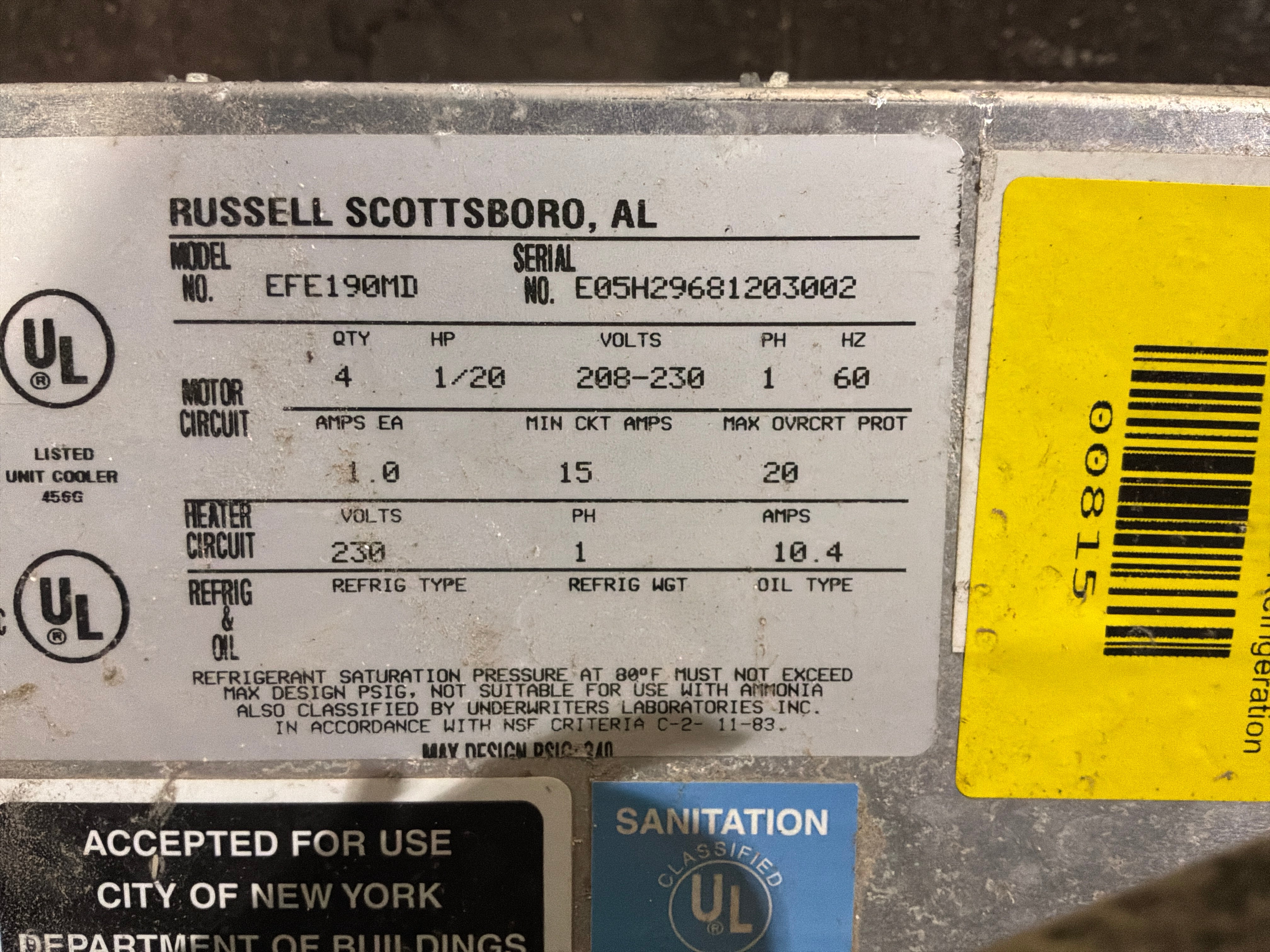 RUSSELL EFE190MD 19000 BTU EVAPORATORS #814 + #815