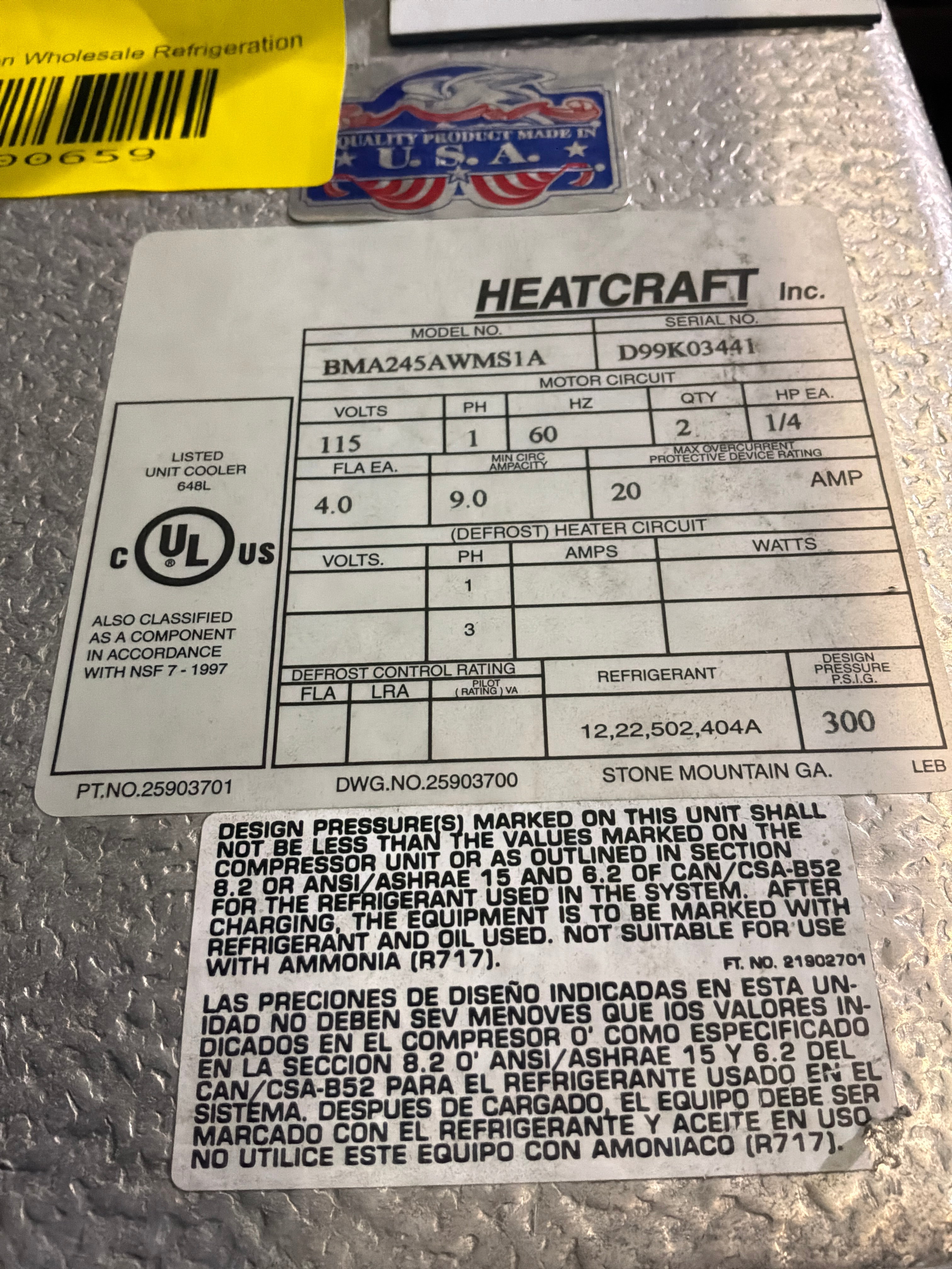 BOHN BMA245AWMS1A 24500 BTU EVAPORATORS #658 + #659