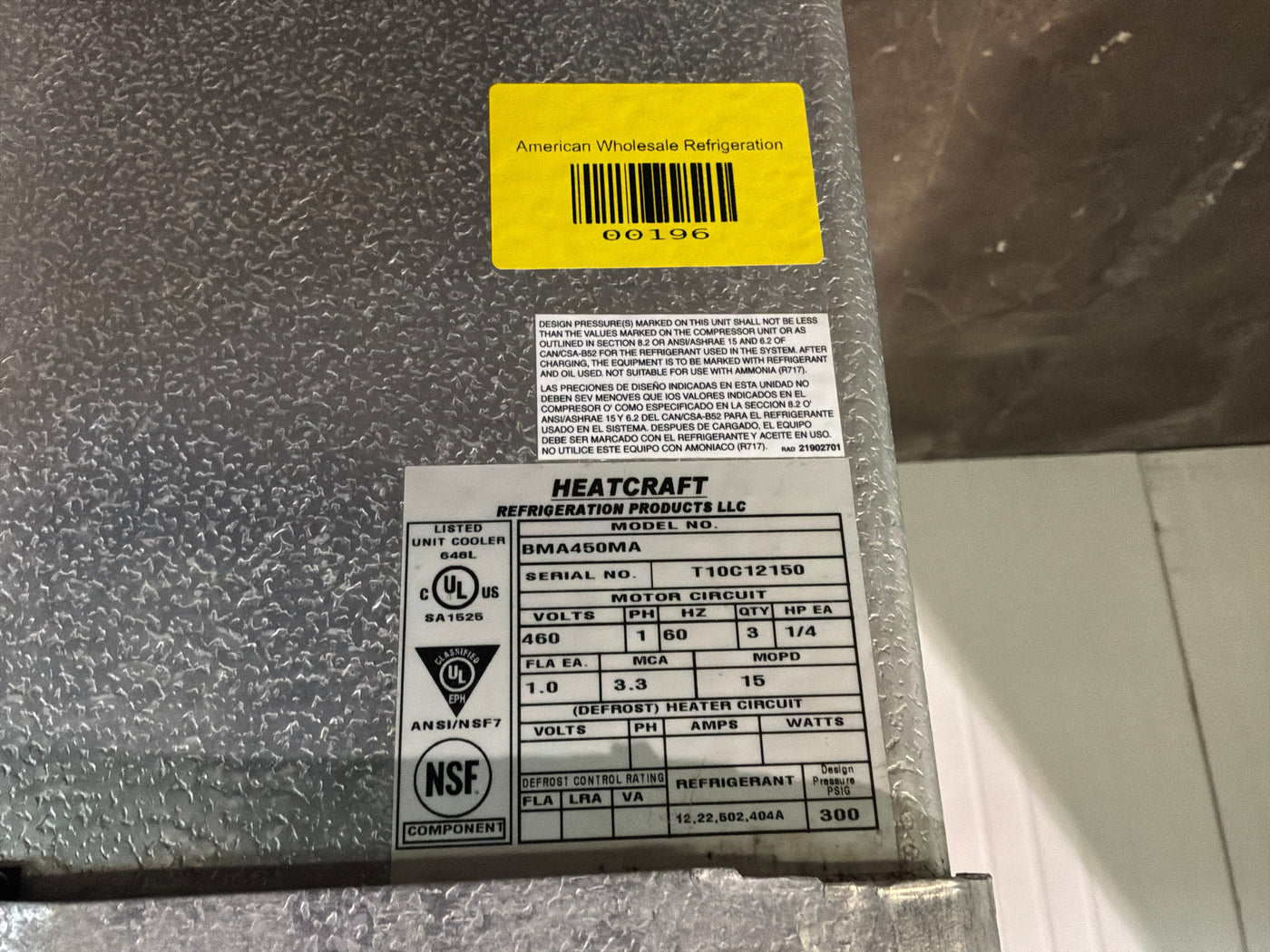 BOHN BMA450MA 45000 BTU EVAPORATOR #177 + #196