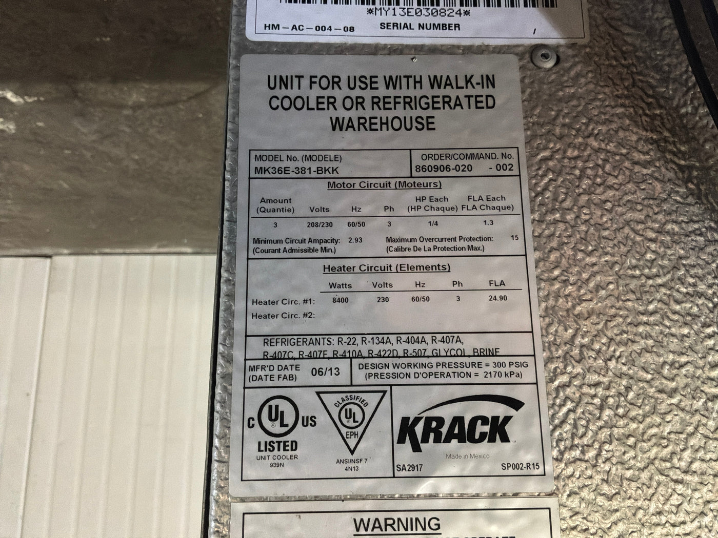 KRACK MK36E-381-BKK 38100 BTU EVAPORATOR #124