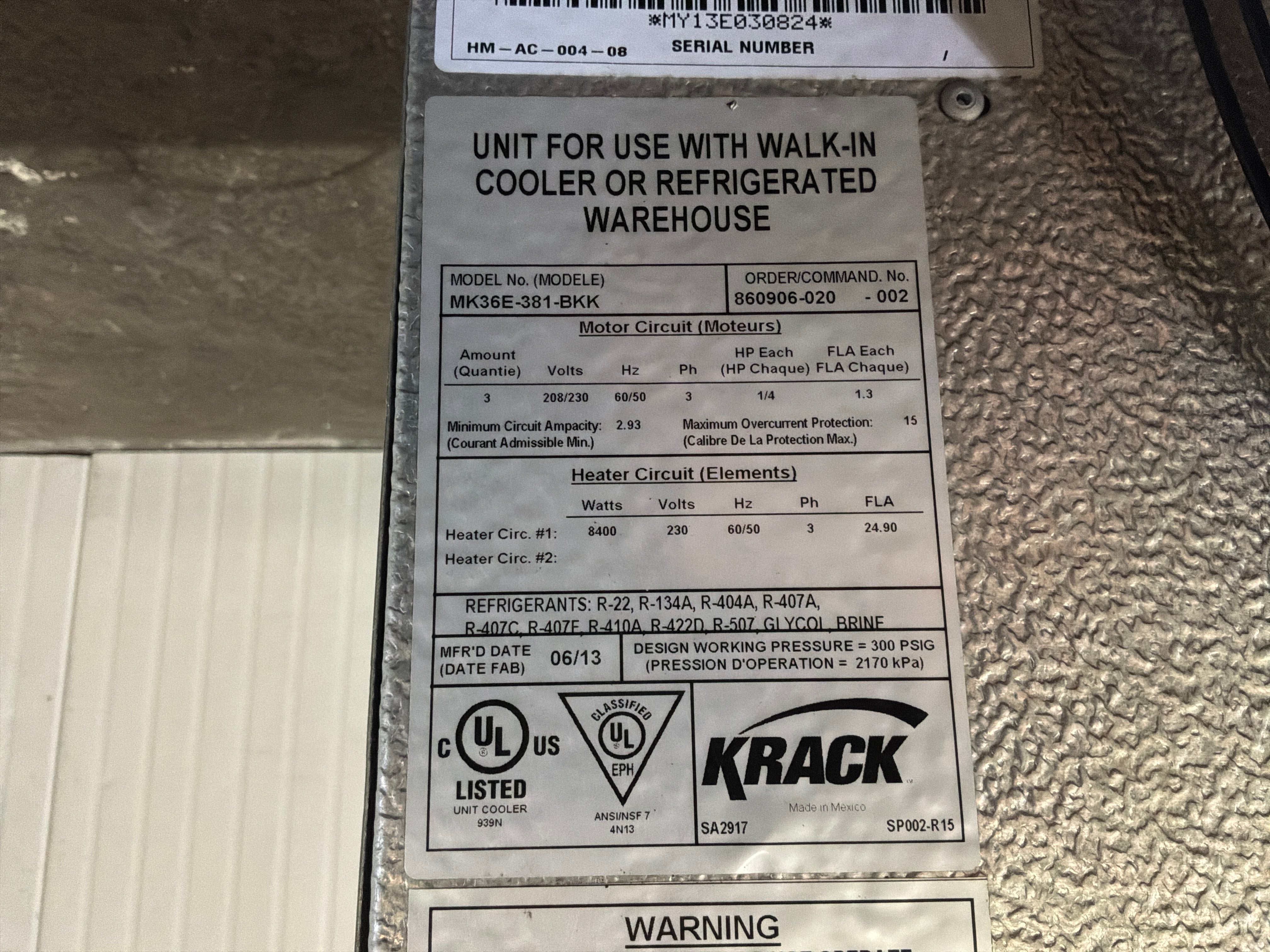 KRACK MK36E-381-BKK 38100 BTU EVAPORATOR #124