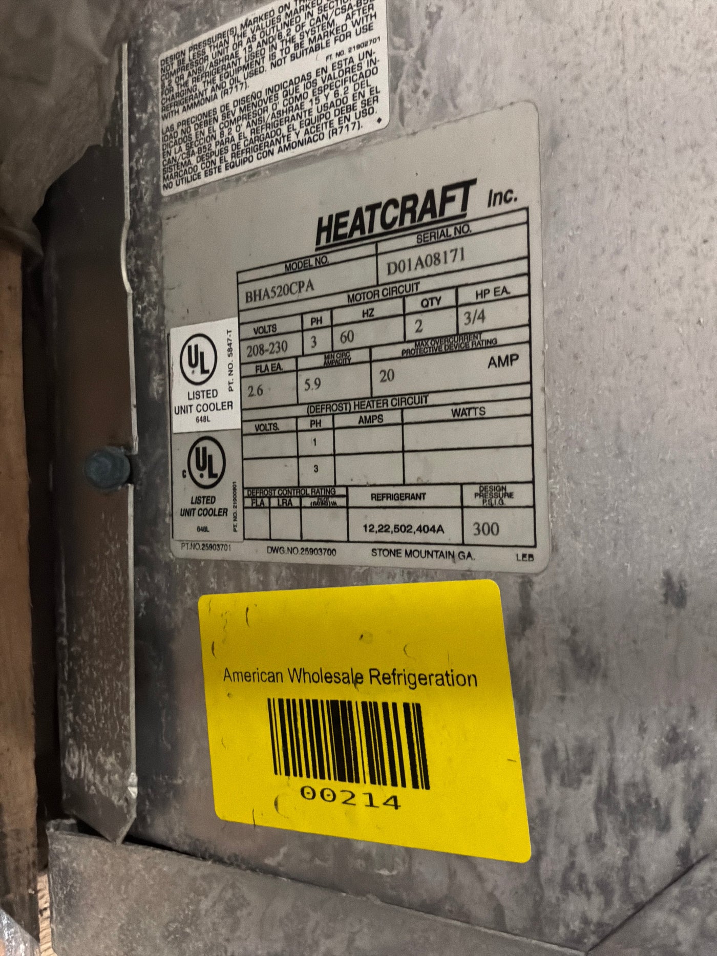 Bohn Evaporator #BHA520CPA 52,000 BTU Used Unit #214