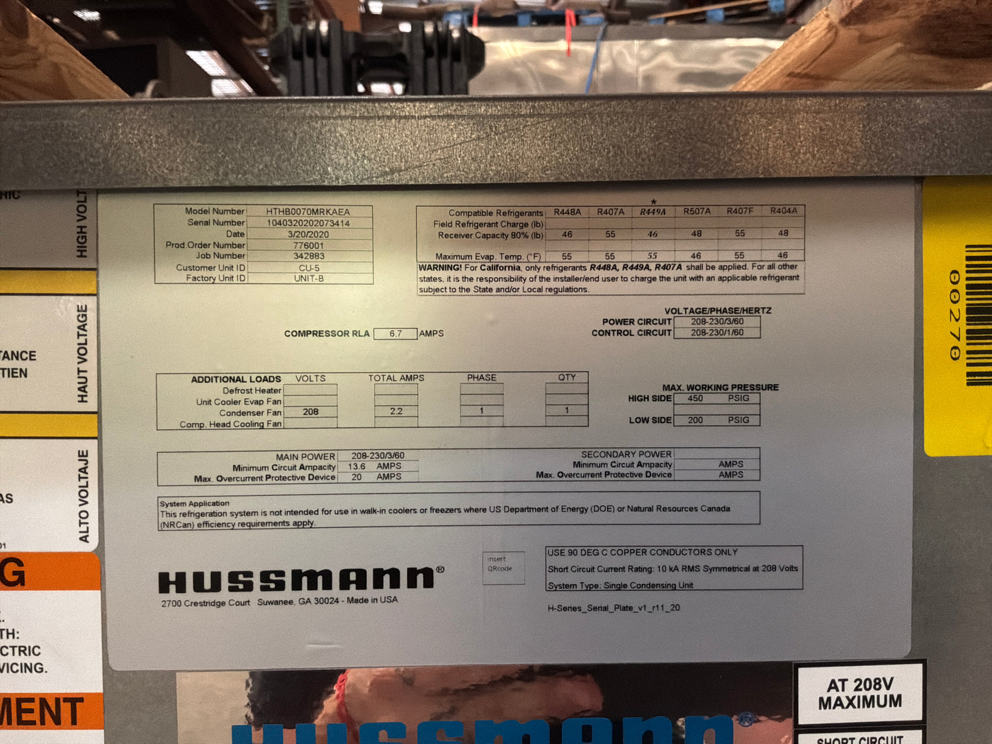 Hussmann HTHB0070MRKAEA 7.5 HP CONDENSER #270