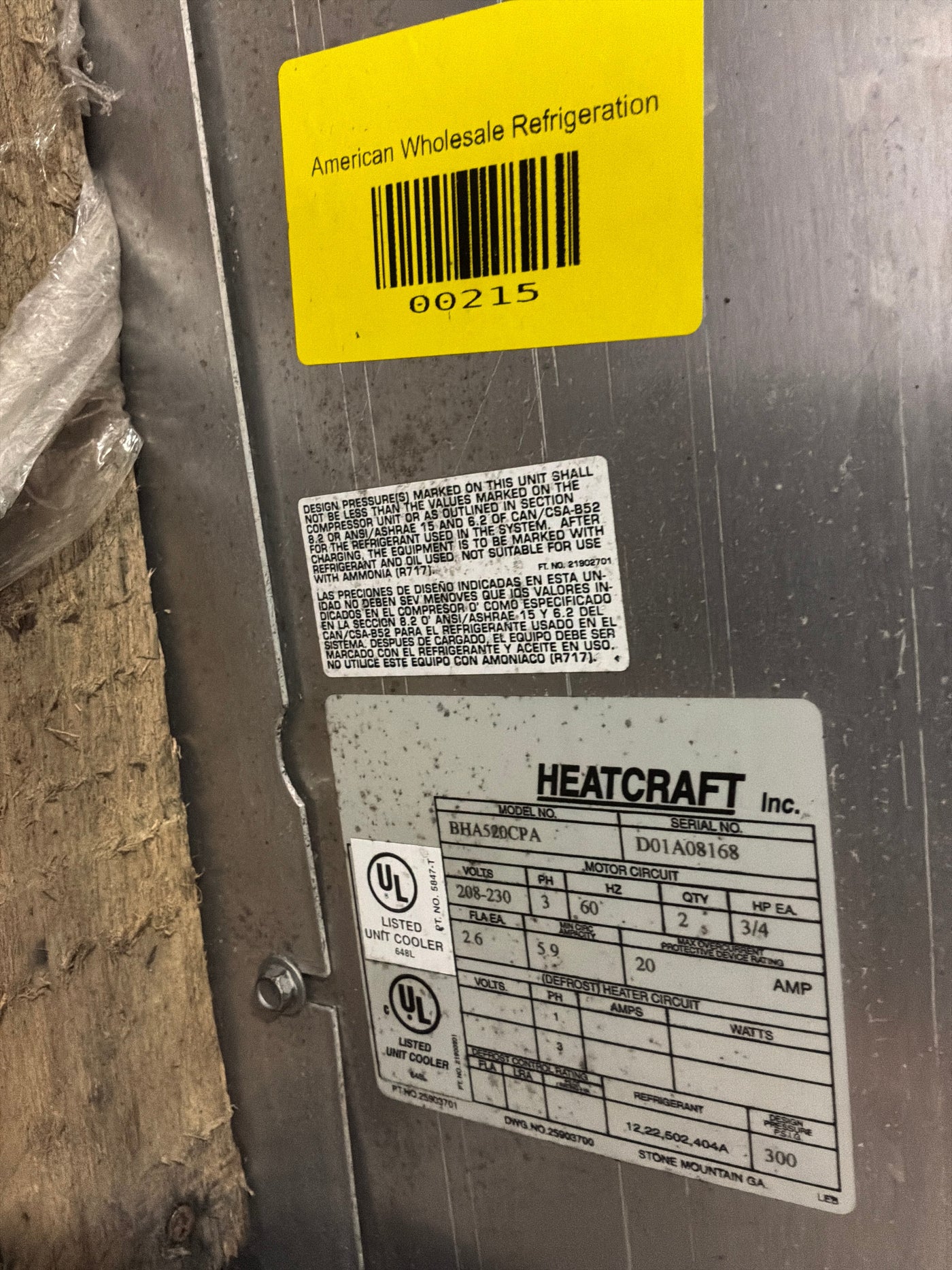 BOHN BHA520CPA 52000 BTU EVAPORATOR #215