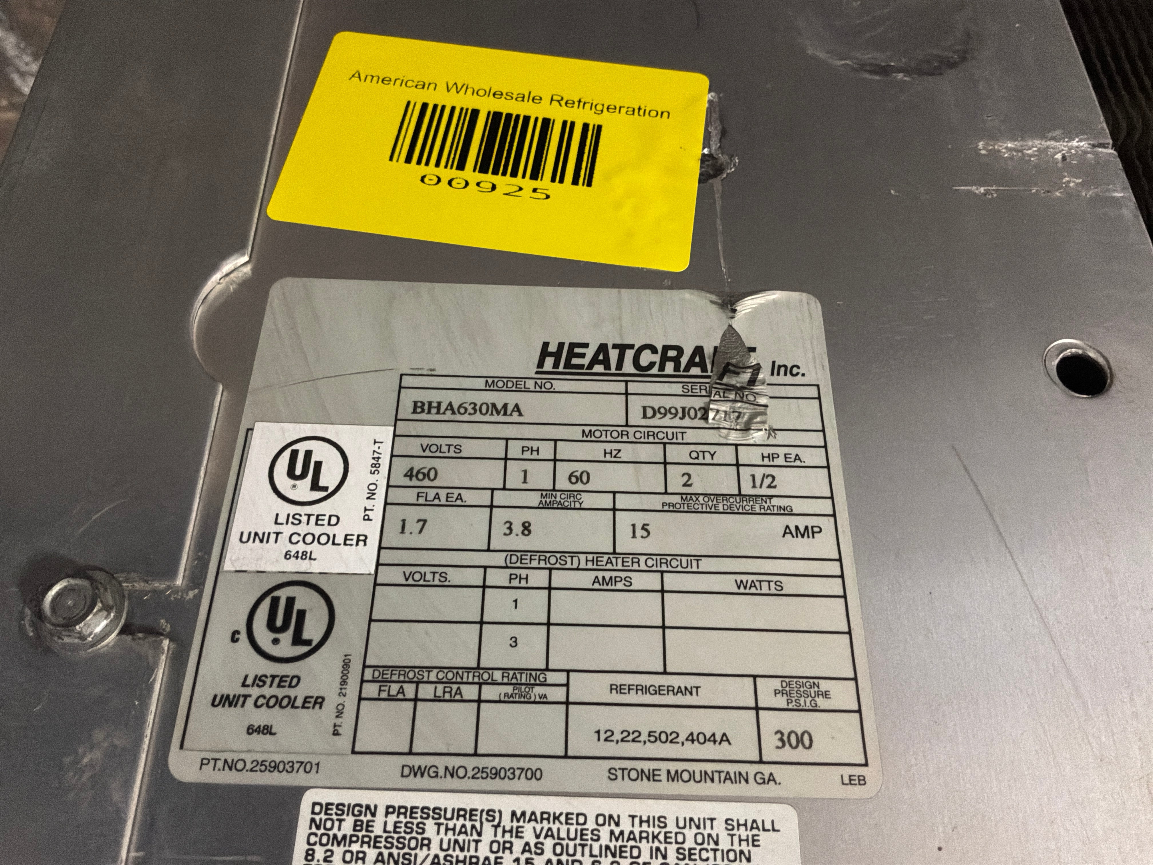 BOHN BHA630MA 63000 BTU EVAPORATOR #925