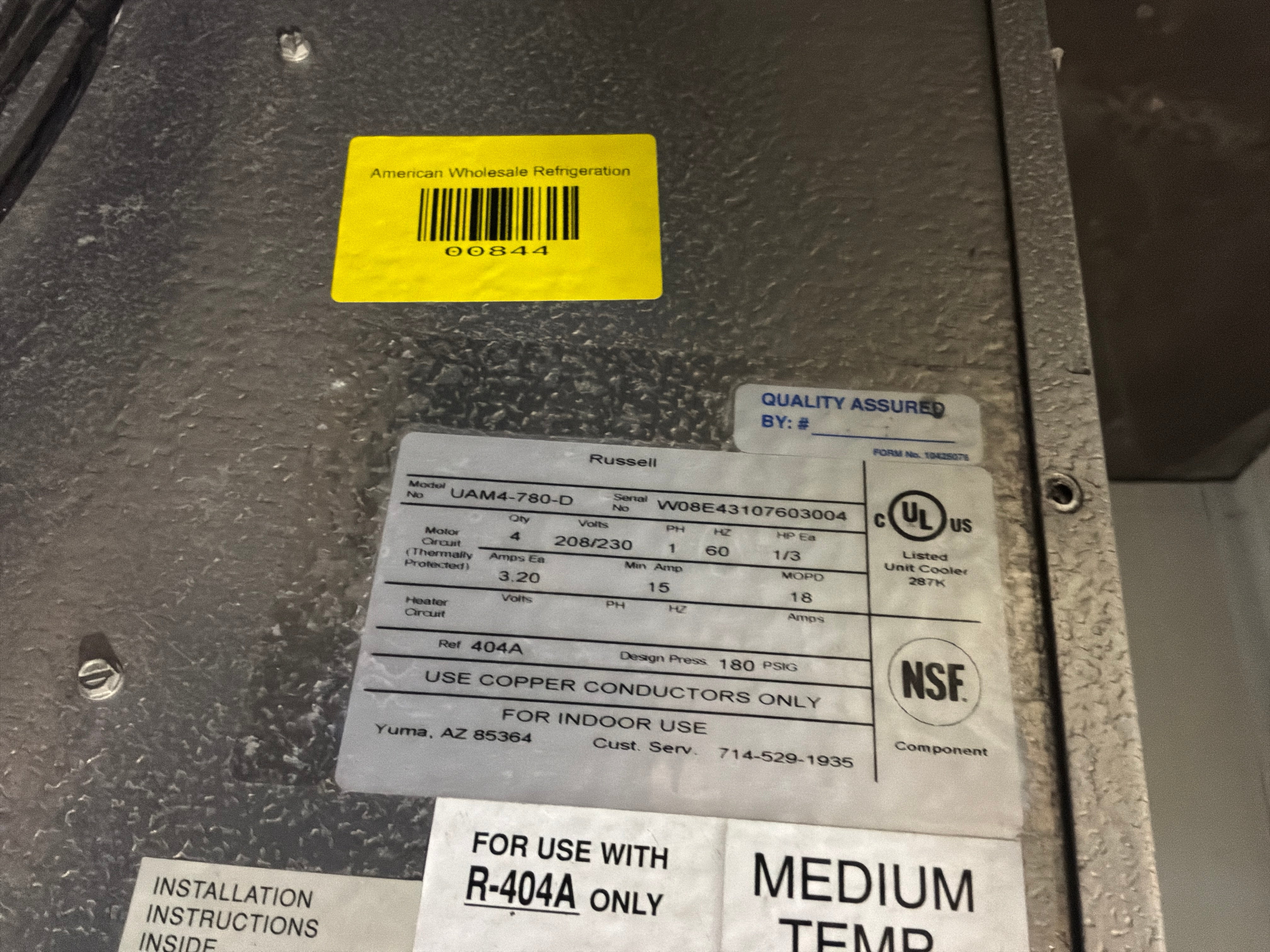 RUSSELL UAM4-780-D 78000 BTU EVAPORATOR #844