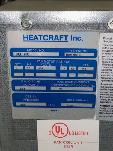Used Bohn Air Handler Model # HCL18FC Condensing Unit 7.5 hp horsepower 460 volt